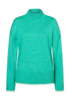 Türkiser Pullover mit hochgeripptem Kragen, langen Ärmeln und einer strukturierten Strickart. Verfügt über einen gerippten Saum mit einem weißen, gewellten Kantenakzent.