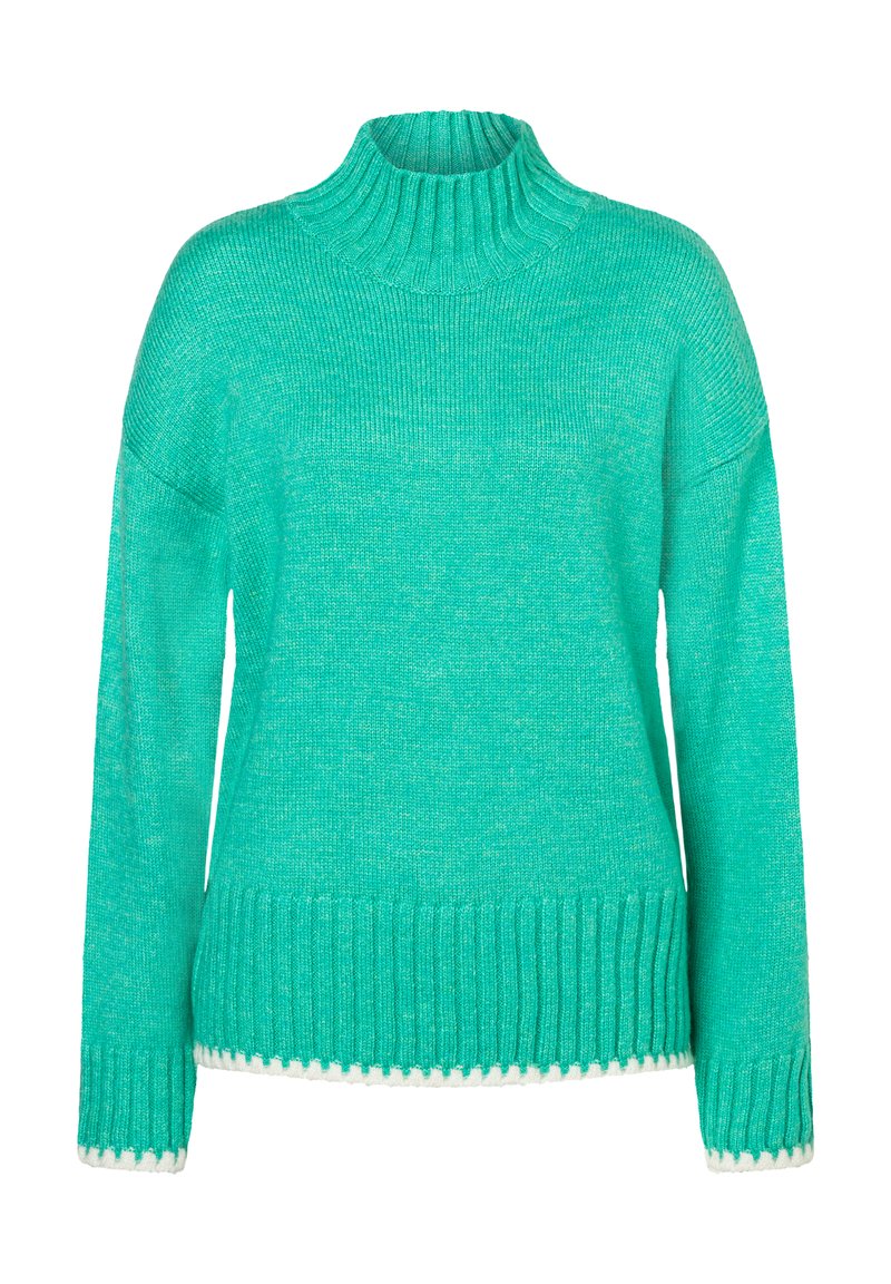 Türkiser Pullover mit hochgeripptem Kragen, langen Ärmeln und einer strukturierten Strickart. Verfügt über einen gerippten Saum mit einem weißen, gewellten Kantenakzent.