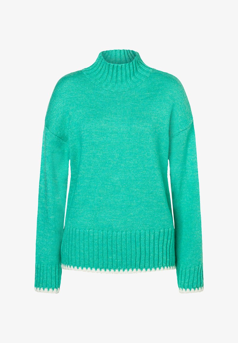 Turquoise trui met een hoge geribbelde hals, lange mouwen en een gestructureerde brei. Heeft een geribbelde zoom met een witte golvende rand.