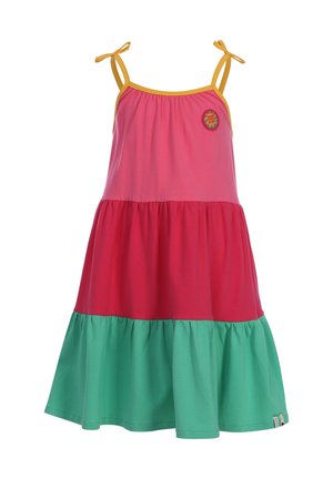 Mouwloze jurk voor meisjes met meerdere lagen, gele bandjes, roze bovenkant, rode middenlaag, groene onderkant, en een ronde patch op de bovenborst.