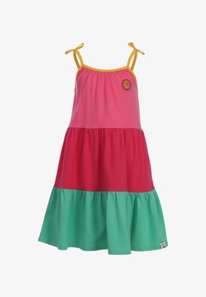 Mouwloze jurk voor meisjes met meerdere lagen, gele bandjes, roze bovenkant, rode middenlaag, groene onderkant, en een ronde patch op de bovenborst.