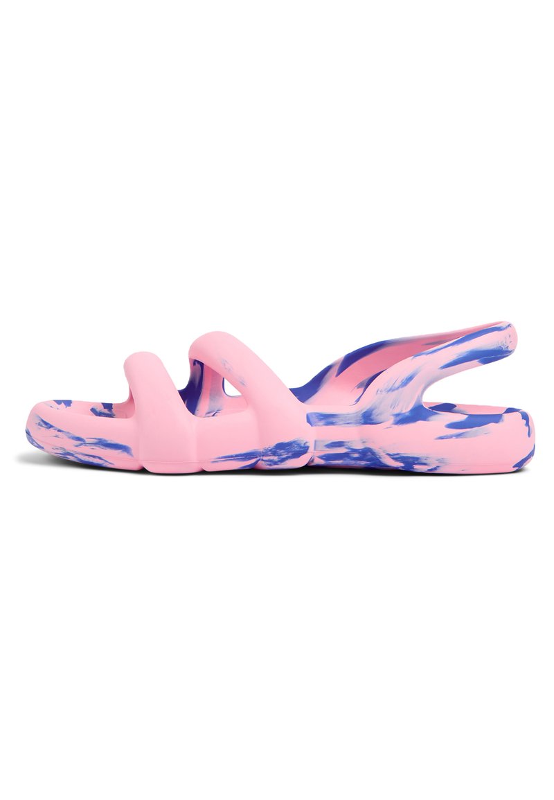Pink and blue marbled slide sandals made from flexible rubber, featuring a split toe design and cut-out details for breathability.