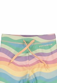 Colorful swim shorts featuring wavy stripes in pastel shades of purple, green, pink, and yellow, with an elastic waistband and adjustable drawstring.