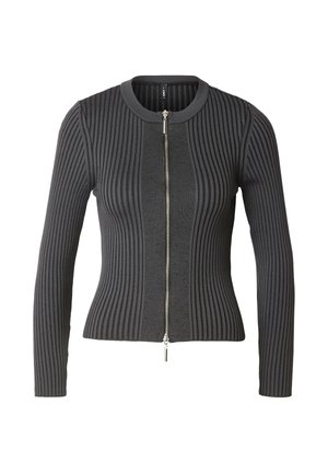 Cardigan en maille côtelée gris foncé avec manches longues, encolure ronde et fermeture zippée argentée à l'avant.