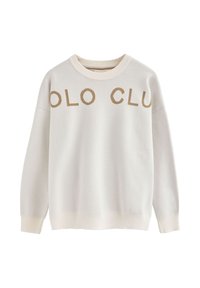 Weißer gestrickter Sweatshirt mit "POLO CLUB" in sandfarbenen Buchstaben über der Brust, mit einem runden Ausschnitt und gerippten Bündchen und Saum.
