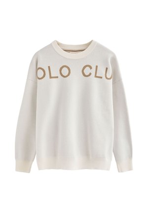Sudadera blanca de punto con "POLO CLUB" en letras beige en el pecho, con cuello redondo y puños y dobladillo acanalados.