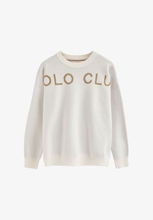 Witte gebreide sweatshirt met de tekst "POLO CLUB" in tan letters op de borst, met een ronde halslijn en ribgebreide manchetten en zoom.