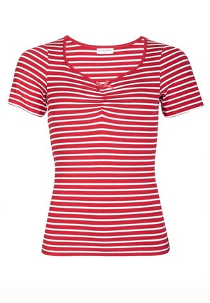 Chemise à manches courtes rayée horizontalement rouge et blanche avec un décolleté arrondi et un petit nœud décoratif à l'avant.