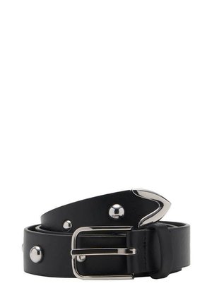 Ceinture en cuir noir avec une boucle en métal argenté et des clous décoratifs argentés. La ceinture a une texture lisse avec un design épuré et minimaliste.