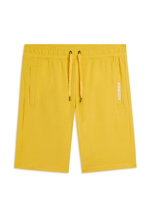 Pantaloncini in cotone giallo brillante con vita elastica, coulisse, tasche laterali e piccolo logo bianco "FREDDY" sull'area della tasca destra.