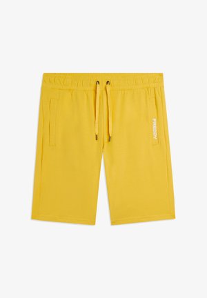 Pantaloncini in cotone giallo brillante con vita elastica, coulisse, tasche laterali e piccolo logo bianco "FREDDY" sull'area della tasca destra.