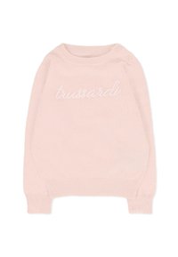 Jasnoróżowy sweter z dzianiny, okrągły dekolt z dwoma guzikami na ramieniu, z haftowanym logo "trussardi" z przodu.