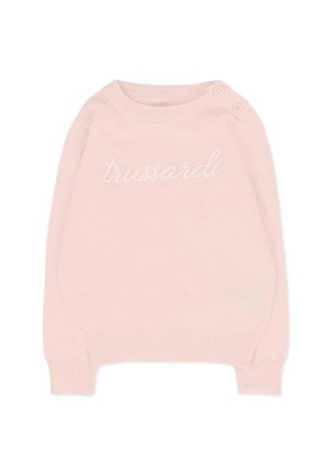 Maglione lavorato a maglia rosa chiaro, colletto rotondo con due bottoni decorativi sulla spalla, con logo "trussardi" ricamato sul fronte.