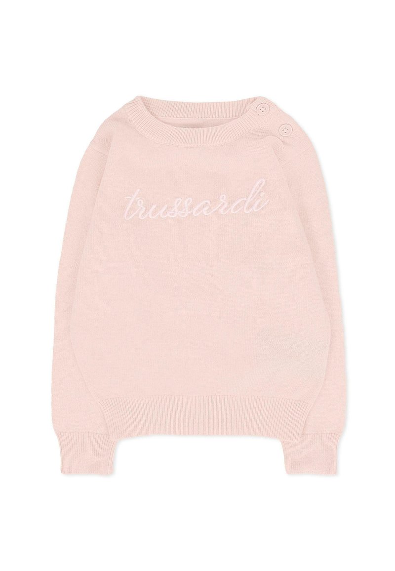 Jasnoróżowy sweter z dzianiny, okrągły dekolt z dwoma guzikami na ramieniu, z haftowanym logo "trussardi" z przodu.
