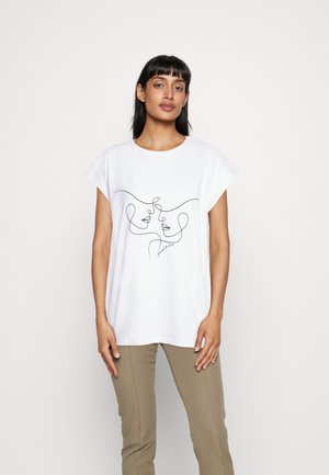 White cotton t-shirt with short sleeves, featuring a linear black graphic of two faces intertwined, conveying connection.