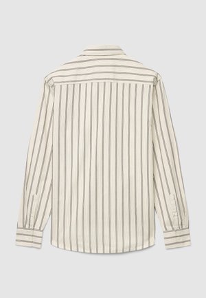 Camicia a maniche lunghe con righe verticali nere e panna. Realizzata in tessuto leggero, con colletto a punta e polsini con bottoni.