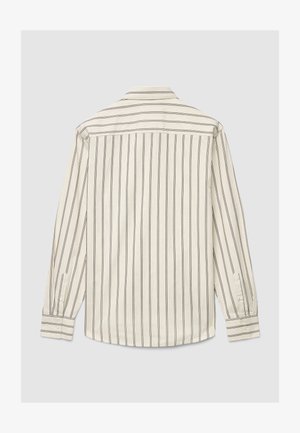Langärmliges Hemd mit vertikalen schwarzen und cremefarbenen Streifen. Hergestellt aus leichtem Stoff, mit spitzem Kragen und mit Knöpfen versehenden Manschetten.