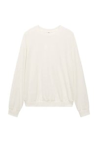 Long-sleeve cream sweatshirt made of soft fabric; features a round neckline, elastic cuffs, and a slight waistband gather.
