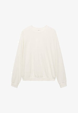 Sweat-shirt à manches longues couleur crème en tissu doux ; il présente un col rond, des poignets élastiques et un léger fronce à la taille.