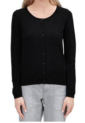 Cardigan noir avec un col rond, manches longues et ouverture boutonnée sur le devant. Confectionné en matériau doux avec une texture lisse et une coupe ajustée.