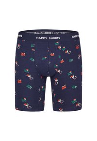 Marineblauwe boxershorts met feestelijke patronen, waaronder Santa-hoeden en rendieraccenten, gemaakt van zachte stof met een comfortabele tailleband.