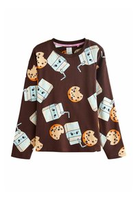Brown long-sleeve shirt featuring a playful pattern of cartoon milk cartons and cookies. Made of ribbed texture cotton fabric.