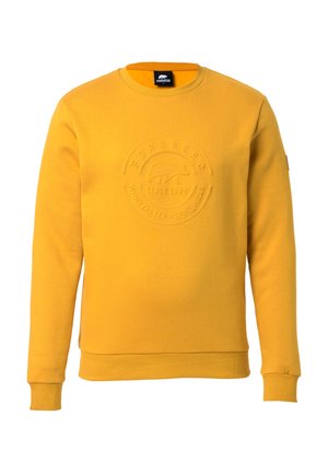 Gelbes Rundhals-Sweatshirt aus Baumwolle mit einem erhabenen Rundlogo sowie gerippten Bündchen und Saum. Glatte Textur mit lässigem Design.