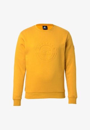 Gelbes Rundhals-Sweatshirt aus Baumwolle mit einem erhabenen Rundlogo sowie gerippten Bündchen und Saum. Glatte Textur mit lässigem Design.