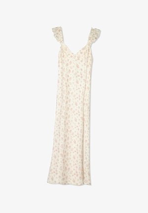 Blumiges Slip-Kleid mit Rüscheträgern, das einen cremefarbenen Hintergrund und kleine rosa Blumenmuster aufweist. Weicher Stoff, bodenlanger Schnitt.