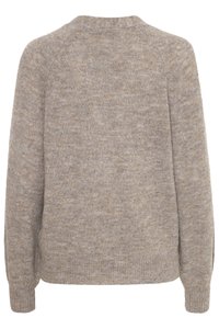 Maglione beige in maglia, con collo a giro, maniche raglan e polsini e bordo a coste. Tessuto morbido con un sottile motivo melangiato.