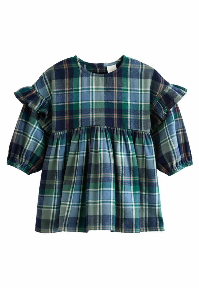 Robe pour tout-petit à carreaux verts et bleus avec des manches trois-quarts volantées et une taille froncée.