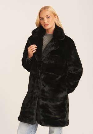 Black faux fur coat with a wide collar, long sleeves, and a soft, plush texture, featuring an open front and relaxed fit.