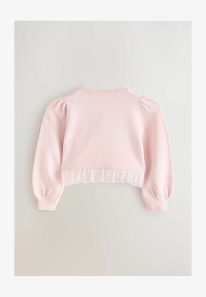 Maglione corto rosa chiaro con maniche lunghe a sbuffo, scollo a coste e orlo inferiore trasparente con volant. Texture liscia, design casual.