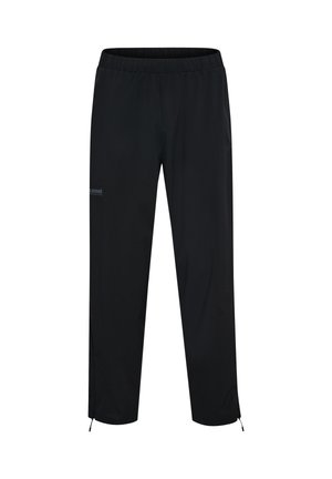 Czarne wiatrówkowe spodnie z elastycznym pasem, zamykanymi na zamek nogawkami i subtelnym logo na przodzie. Wykonane z lekkiego syntetycznego materiału.