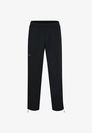 Schwarze, winddichte Hose mit elastischem Bund, Reißverschlüssen an den Beinabschlüssen und einem dezenten Logo auf der Vorderseite. Hergestellt aus leichtem, synthetischem Material.