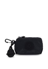 Pochette noire zippée en matériau léger ; présente une surface texturée et un porte-clés en forme de singe noir attaché avec un visage souriant.