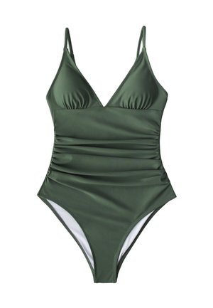 Costume da bagno intero verde oliva con lati arricciati, scollatura a V profonda e spalline sottili regolabili.