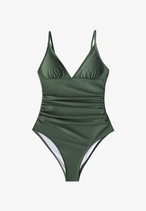 Costume da bagno intero verde oliva con lati arricciati, scollatura a V profonda e spalline sottili regolabili.