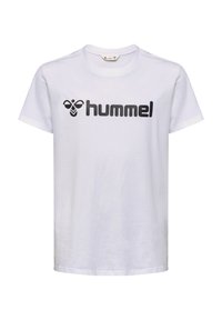 Hvid bomulds t-shirt med sort tekst "hummel" og et bi-logo foran. Enkel crew neck og korte ærmer. Blød tekstur.