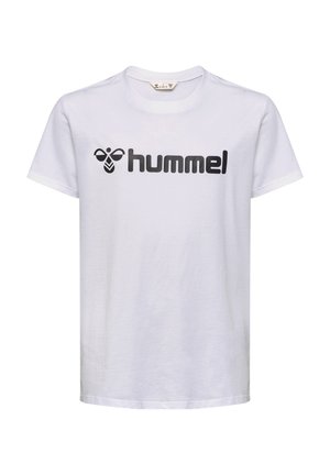 Hvid bomulds t-shirt med sort tekst "hummel" og et bi-logo foran. Enkel crew neck og korte ærmer. Blød tekstur.