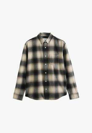 Langarm-Hemd mit Karomuster in Schwarz, Creme und Grau. Verfügt über einen Kentkragen, eine Brusttasche und weiße Knöpfe. Weicher Stofftextur.