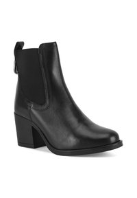 Czarne skórzane botki za kostkę z elastycznymi bokami, zaokrąglonym czubkiem i platformą. Posiadają pętlę z tyłu dla ułatwienia zakładania.