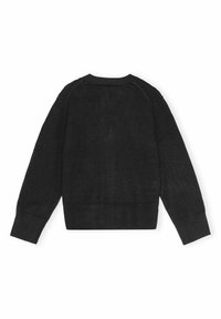 Juodas megztinis su trumpu dizainu, rauktomis rankovėmis ir apvadu. Pasirinktas lygus tekstūra ir prigludusi siluetas.