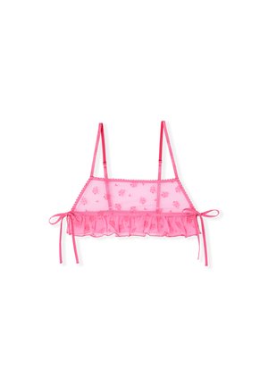 Pink sheer Bralette mit floralen Stickereien, gerafftem Saum und verstellbaren Trägern, mit Ripsbandverschluss an jeder Seite.