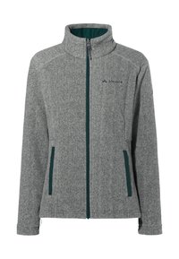 Grijze fleecejack met hoge kraag, volledige rits aan de voorkant en groene accenten. Bevat twee zijzakken voor opbergruimte.