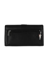Black leather wallet with a textured finish, featuring a zip pocket and a small silver charm attached. Rectangular shape.
