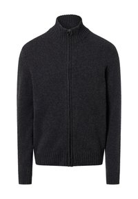 Dunkelgrauer Sweatshirt mit Reißverschluss, hochgeschlossenem Rippkragen, langen Ärmeln sowie Rippbündchen und -saum. Gefertigt aus strukturiertem Strickstoff.