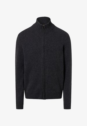 Dark gray zip-up sweater with a ribbed high neck, long sleeves, and ribbed cuffs and hem. Crafted from textured knit fabric.