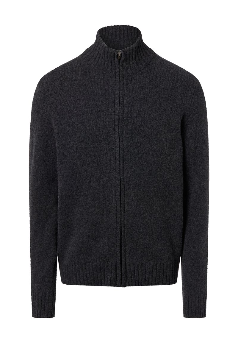 Dunkelgrauer Sweatshirt mit Reißverschluss, hochgeschlossenem Rippkragen, langen Ärmeln sowie Rippbündchen und -saum. Gefertigt aus strukturiertem Strickstoff.