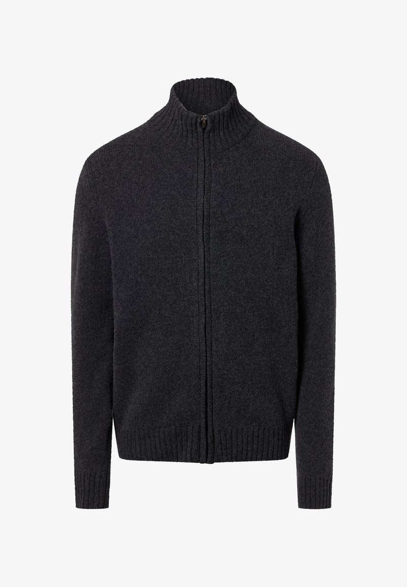 Dunkelgrauer Sweatshirt mit Reißverschluss, hochgeschlossenem Rippkragen, langen Ärmeln sowie Rippbündchen und -saum. Gefertigt aus strukturiertem Strickstoff.